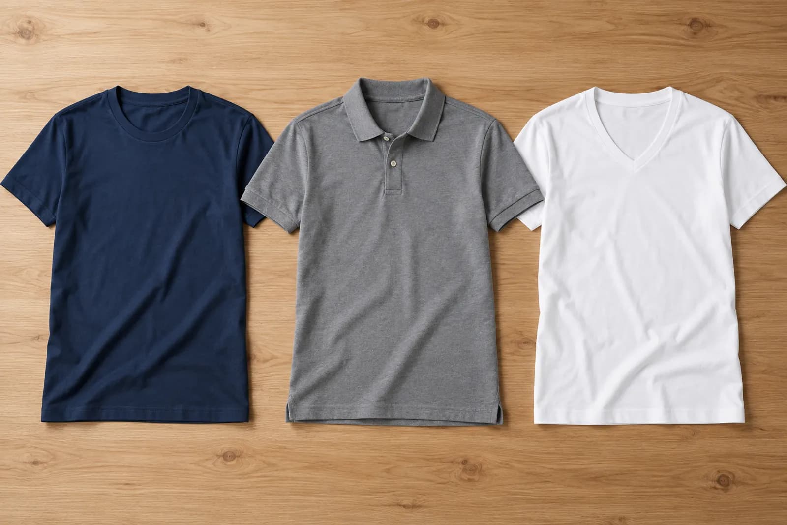 Un tricou basic, un tricou polo și un tricou cu decolteu în V, așezate unul lângă altul pe o masă de lemn