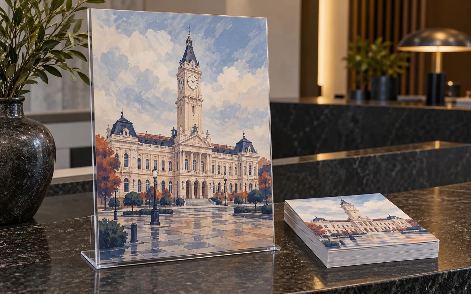 Afiș și flyere cu ilustrația reperului Palatul Administrativ, la o recepție.