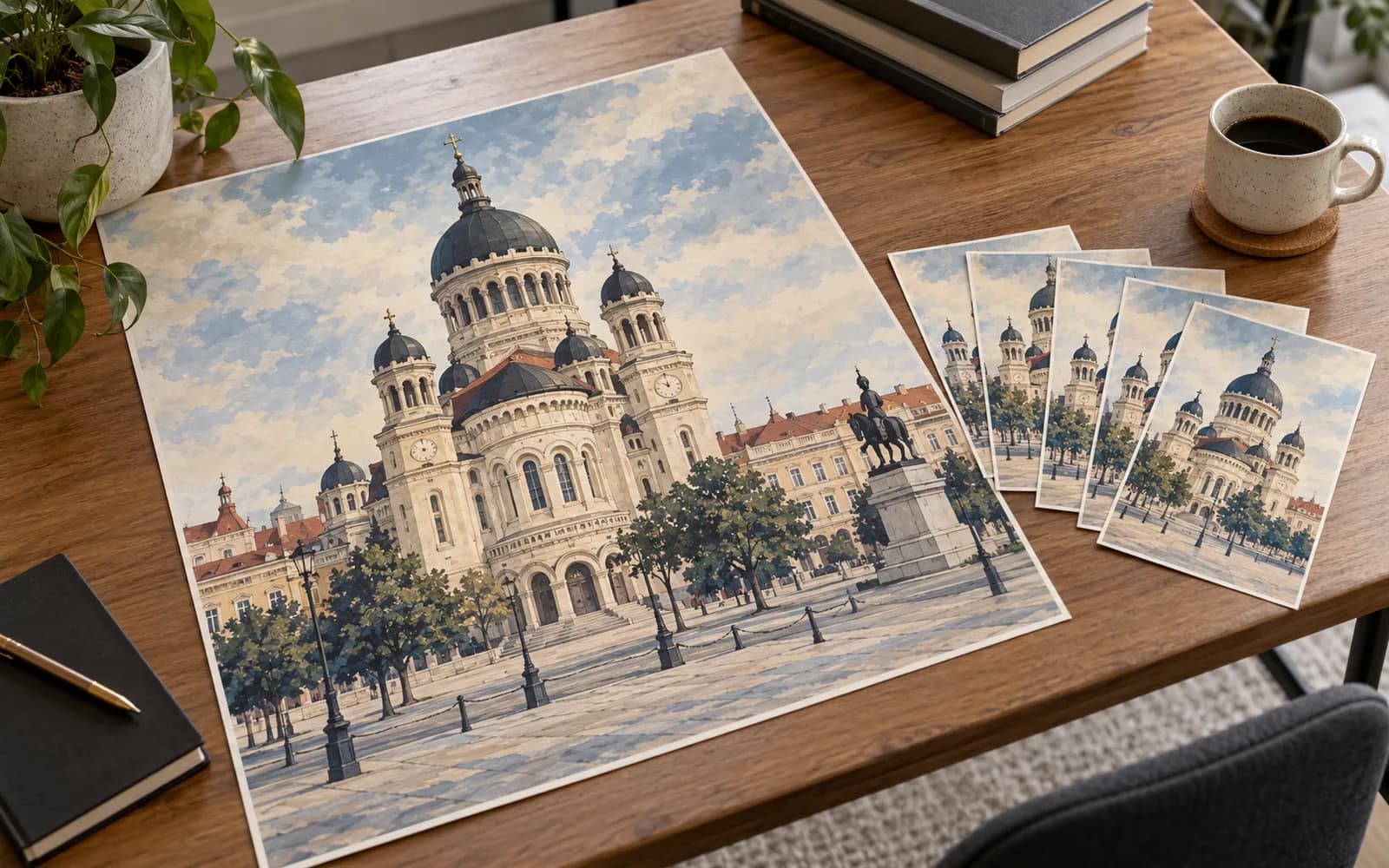 Afiș și flyere cu ilustrația reperului Catedrala Ortodoxă și centrul Clujului, pe o masă de birou.