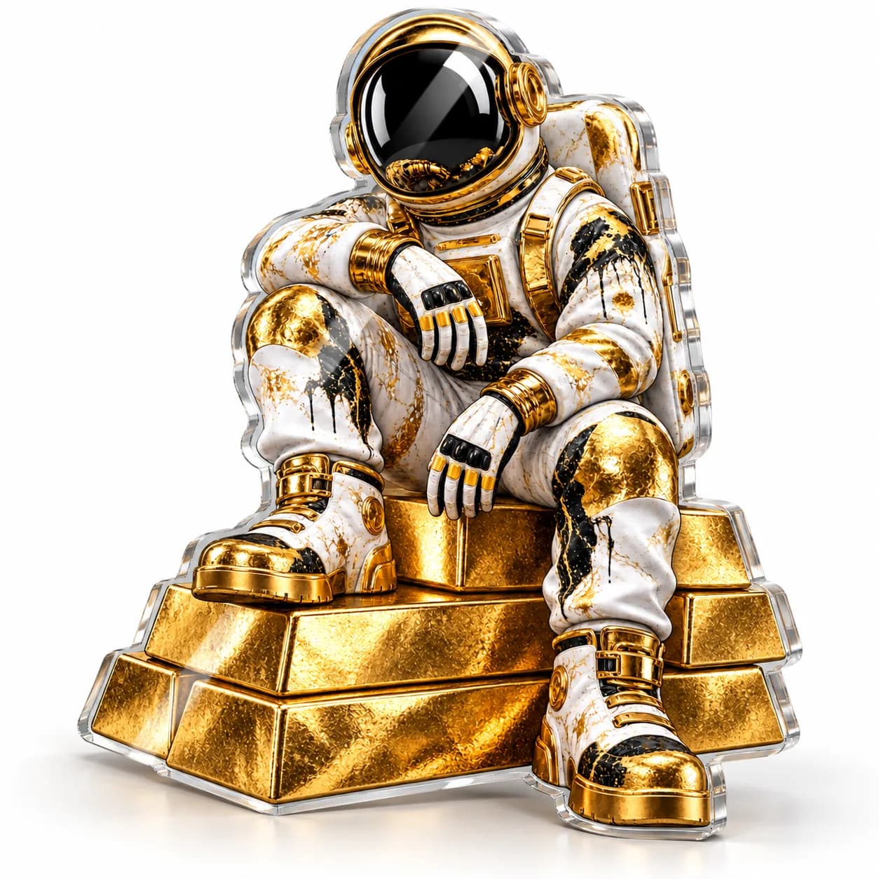 Astronaut pe lingouri de aur, tablou din plexiglas decupat pe contur (simulare pe fundal alb)