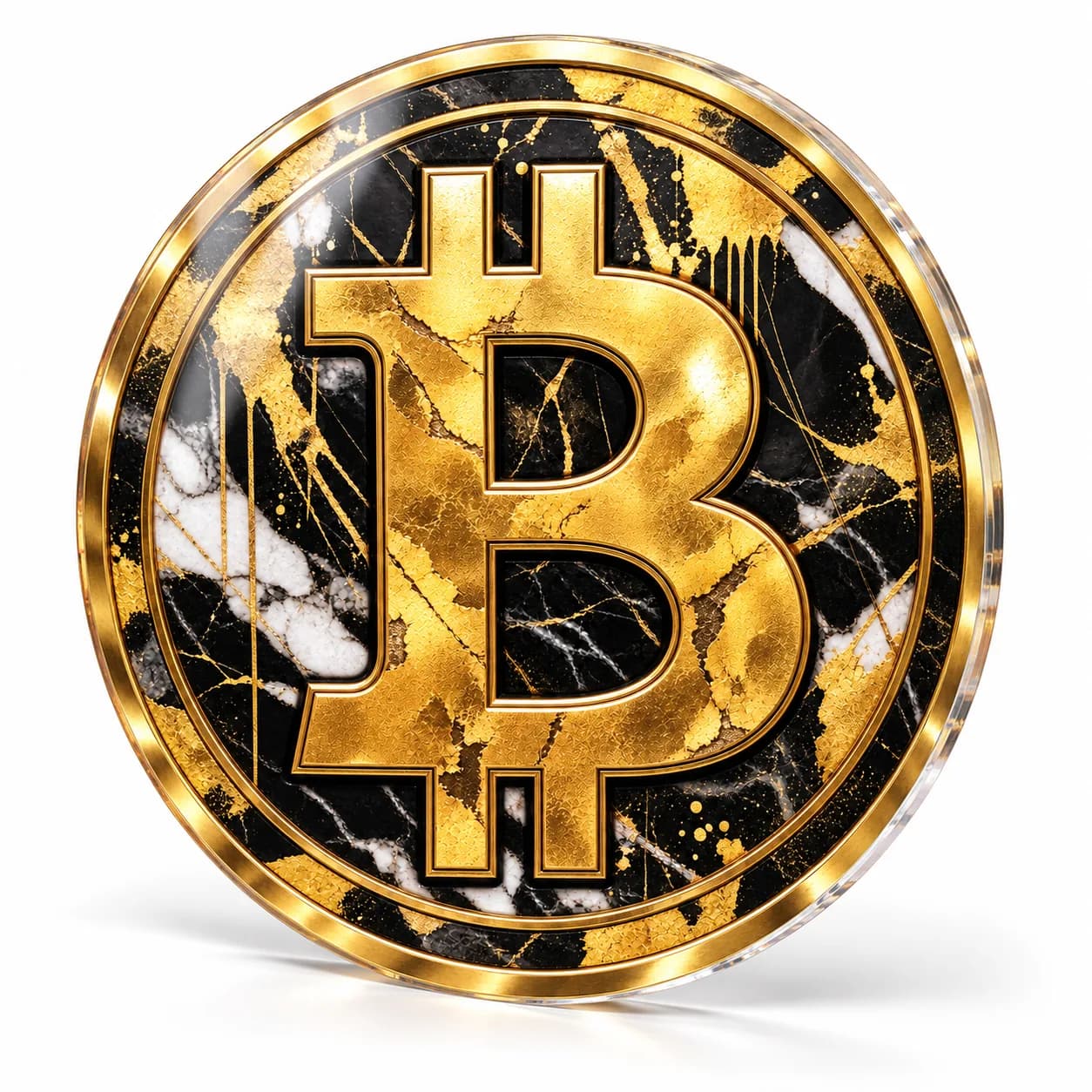 Monedă Bitcoin aurie, tablou din plexiglas decupat pe contur (simulare pe fundal alb)