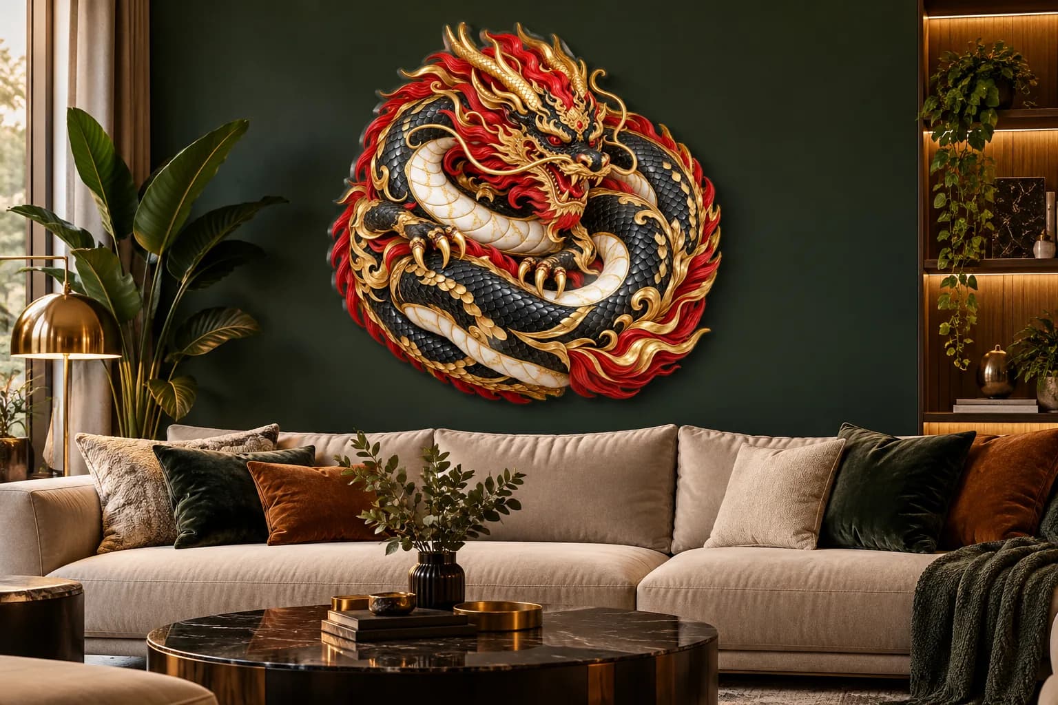 Dragon oriental încolăcit, tablou din plexiglas pe peretele unui living (simulare)