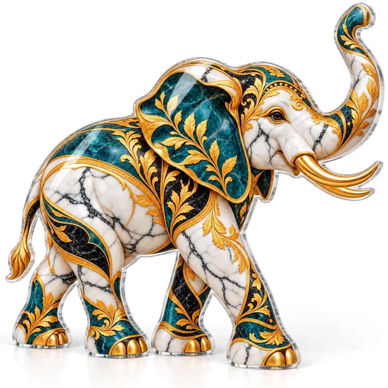 Elefant alb cu auriu, tablou din plexiglas decupat pe contur (simulare pe fundal alb)