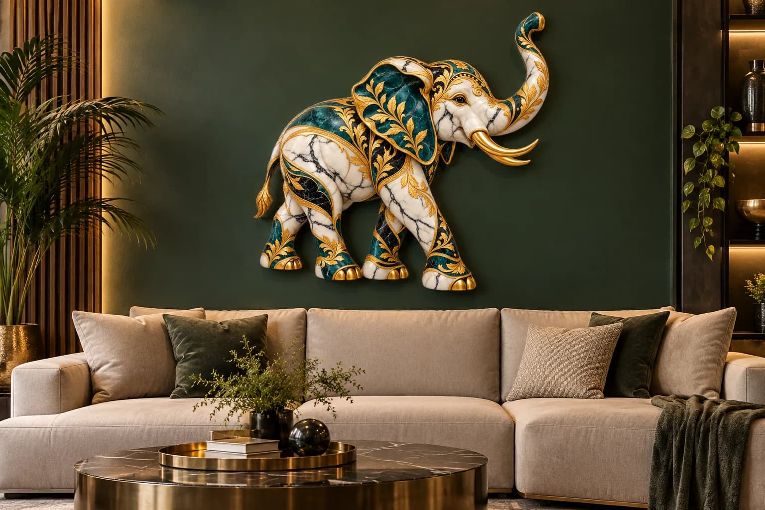 Elefant alb cu auriu, tablou din plexiglas pe peretele unui living (simulare)