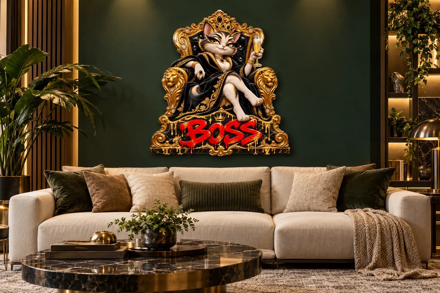 Pisică pe tron „BOSS”, tablou din plexiglas pe peretele unui living (simulare)