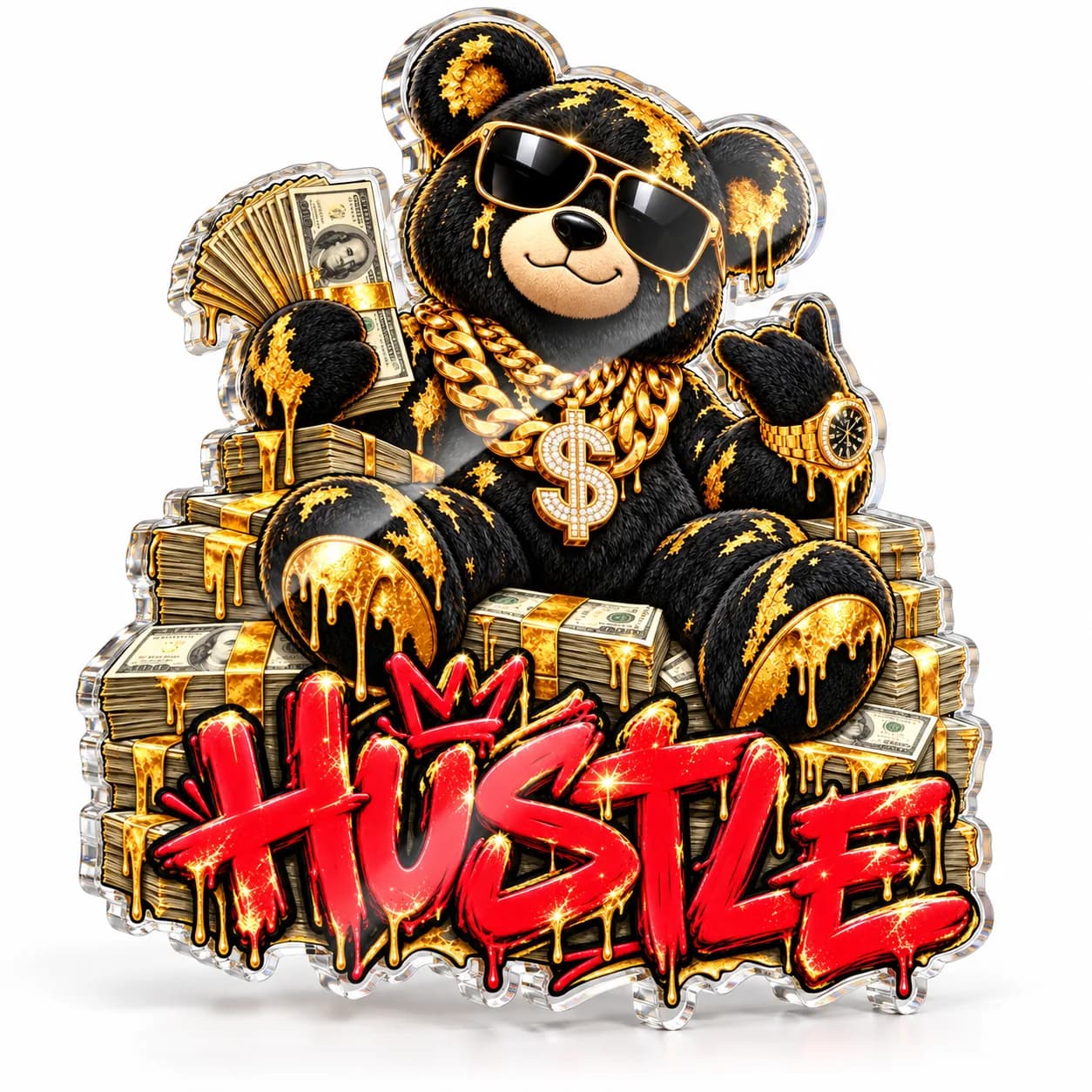 Ursuleț „HUSTLE”, tablou din plexiglas decupat pe contur (simulare pe fundal alb)