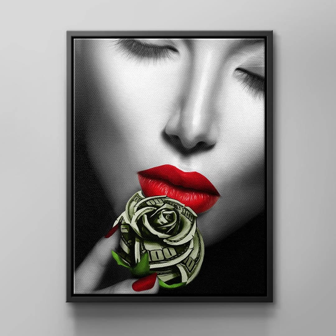 Tablou canvas femeie cu trandafir și bani – decor dormitor glamour