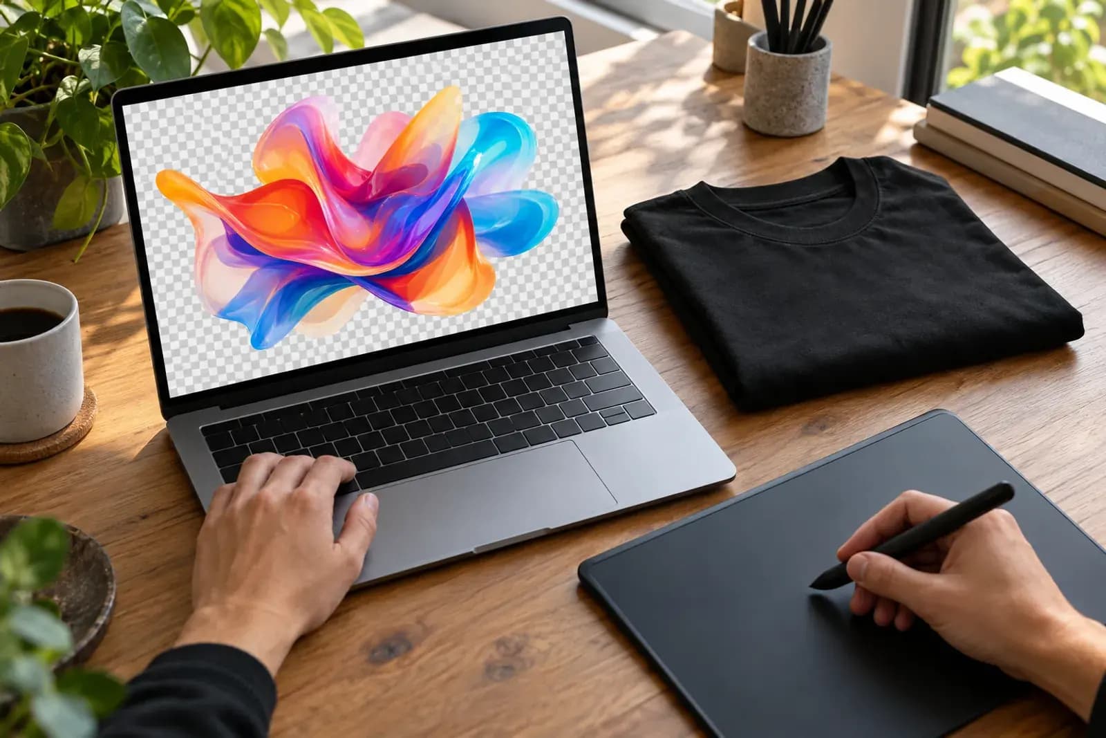 Laptop cu o grafică pe fundal transparent tip tablă de șah, așezat lângă un tricou negru