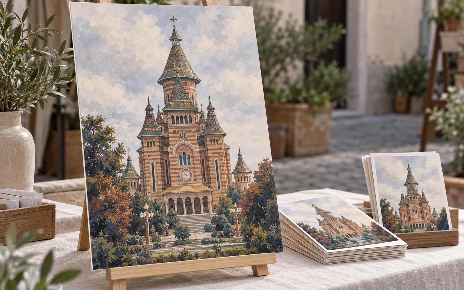 Afiș și flyere cu ilustrația reperului Catedrala Mitropolitană, pe o masă de eveniment.