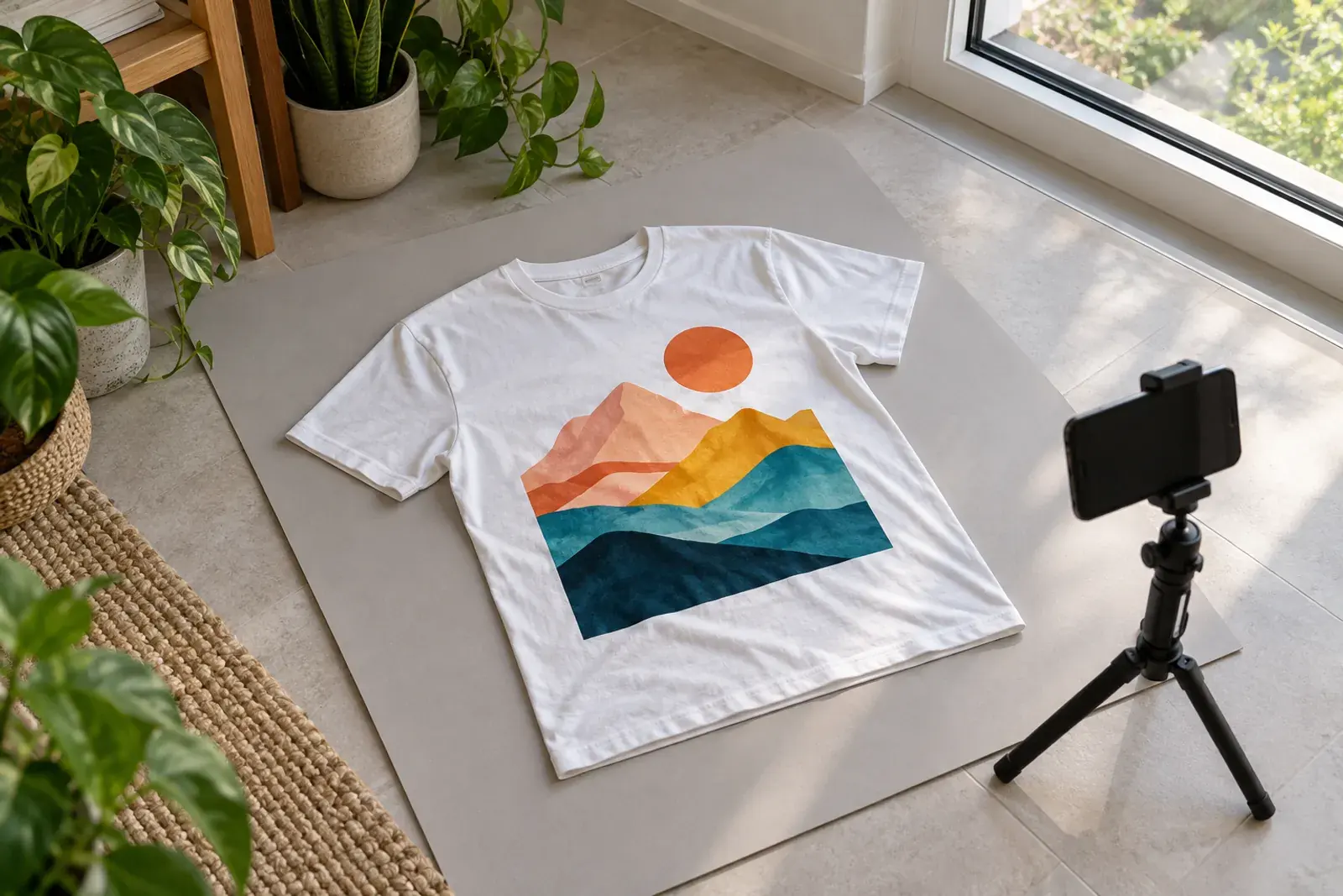 Tricou alb cu imprimeu ilustrat, așezat plat pe un fundal de carton gri lângă o fereastră, pregătit pentru fotografiere