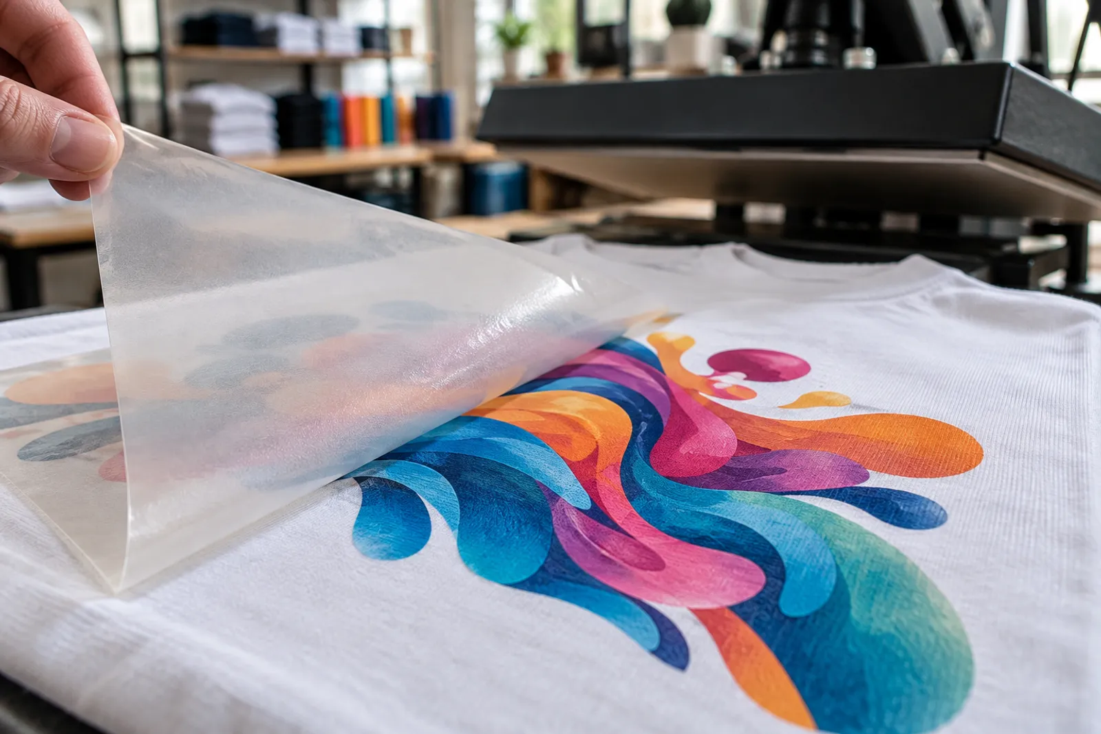 Folie de transfer DTF dezlipită parțial de pe un tricou alb, cu imprimeul colorat rămas pe material