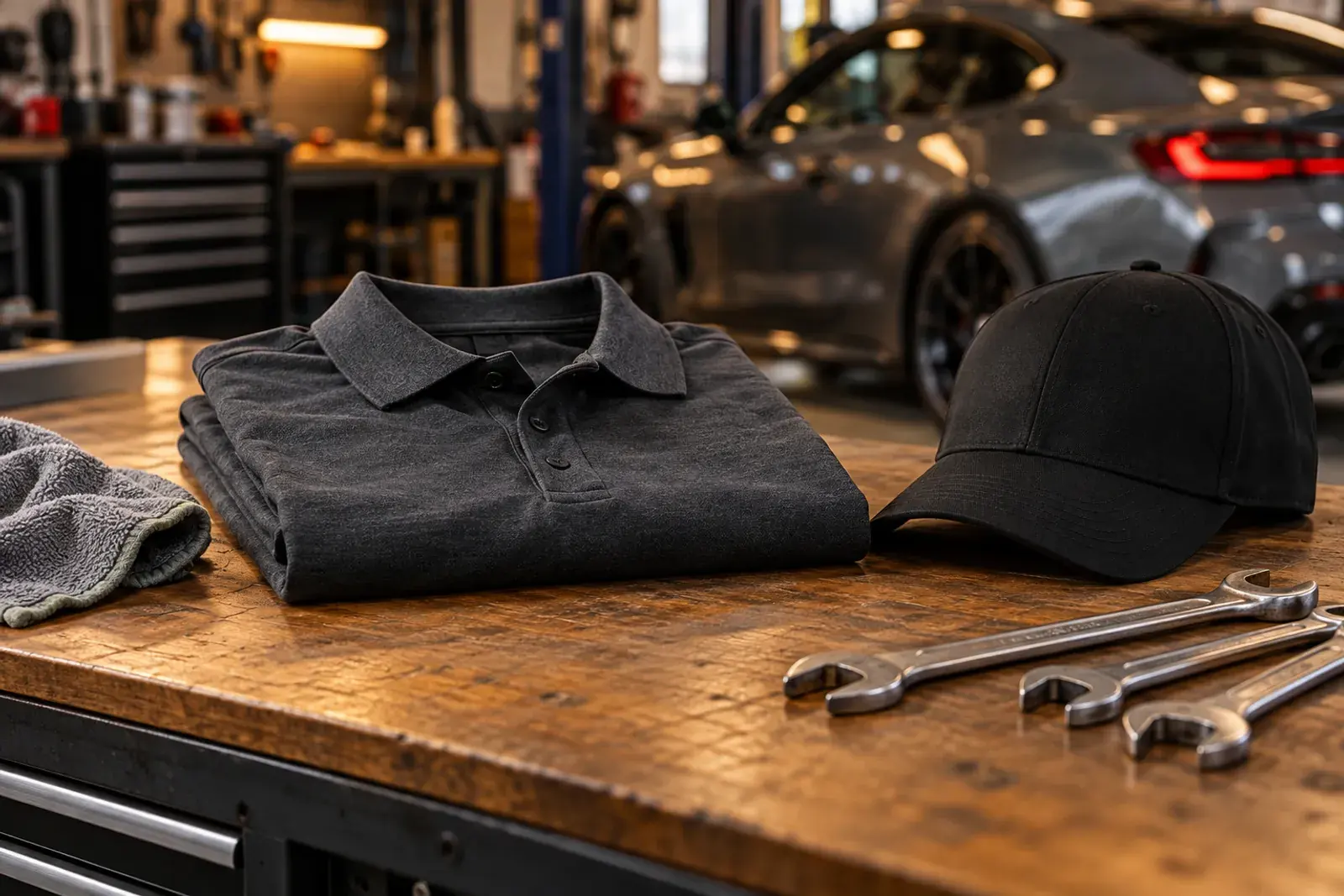 Tricou polo gri închis împăturit și o șapcă neagră așezate pe un banc de lucru dintr-un atelier auto