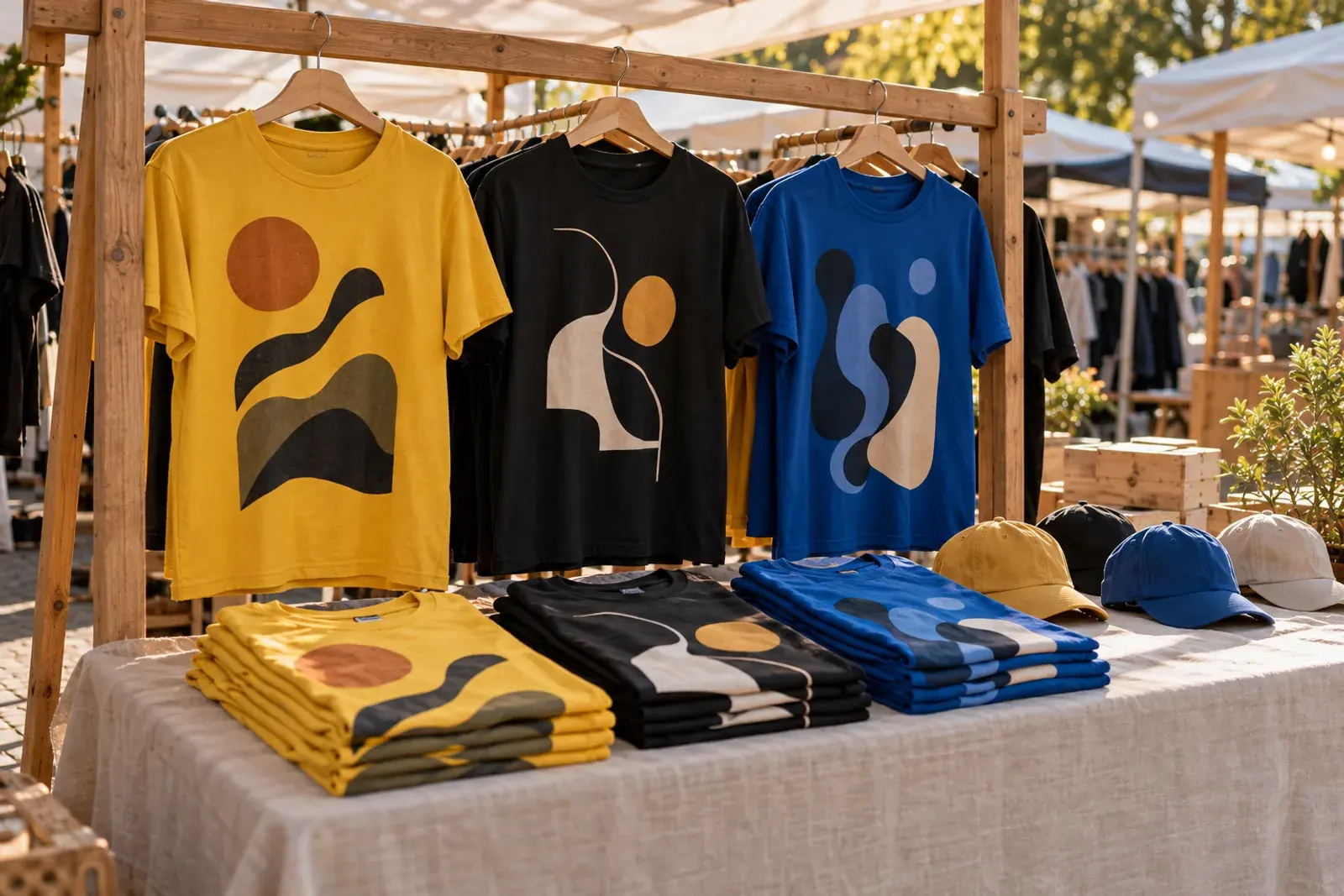 Stand de târg cu tricouri colorate pe umerașe și teancuri de tricouri împăturite pe o masă acoperită cu pânză