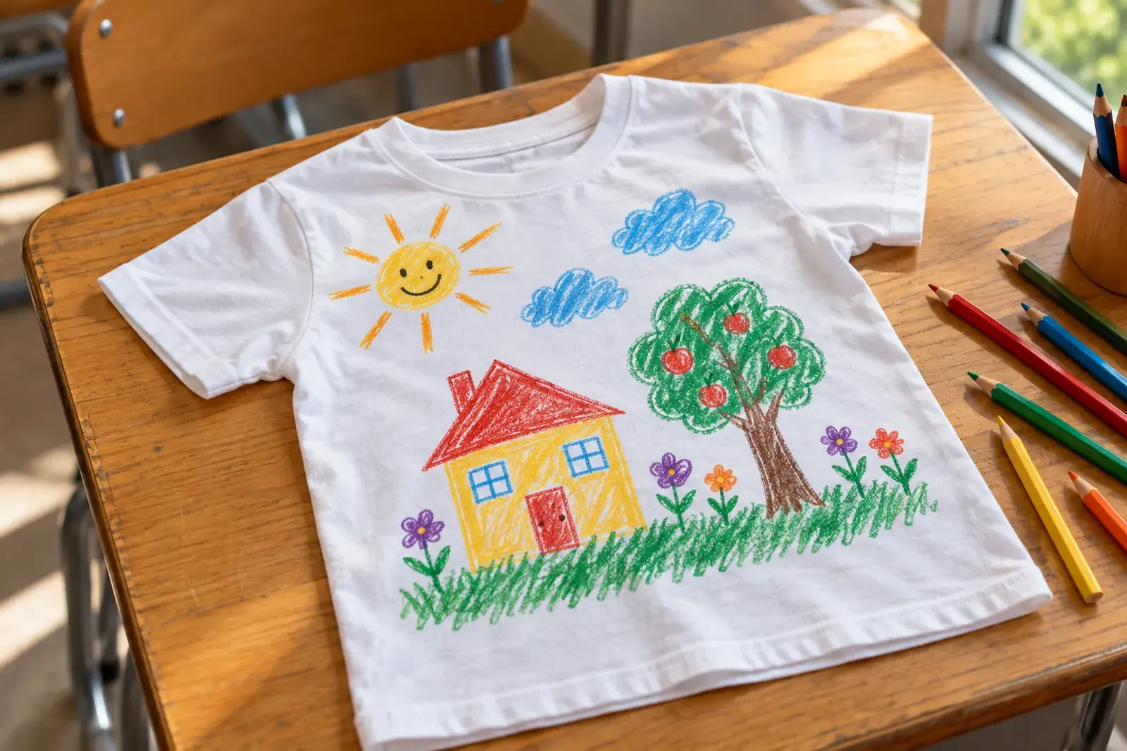 Tricou alb de copil, imprimat cu un desen colorat făcut de mână, așezat pe o bancă de școală