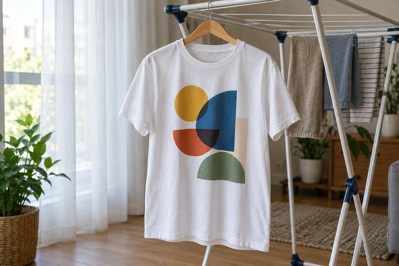 Tricou alb cu imprimeu geometric colorat, uscat pe umeraș lângă o fereastră luminoasă