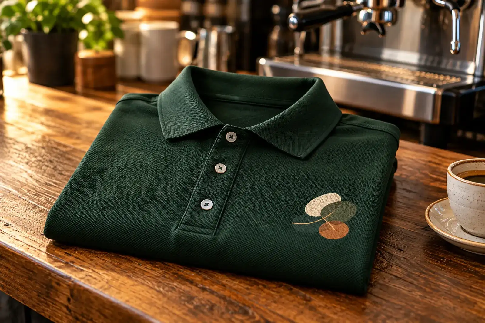 Tricou polo pique verde închis, împăturit pe tejgheaua unei cafenele, lângă o ceașcă de cafea